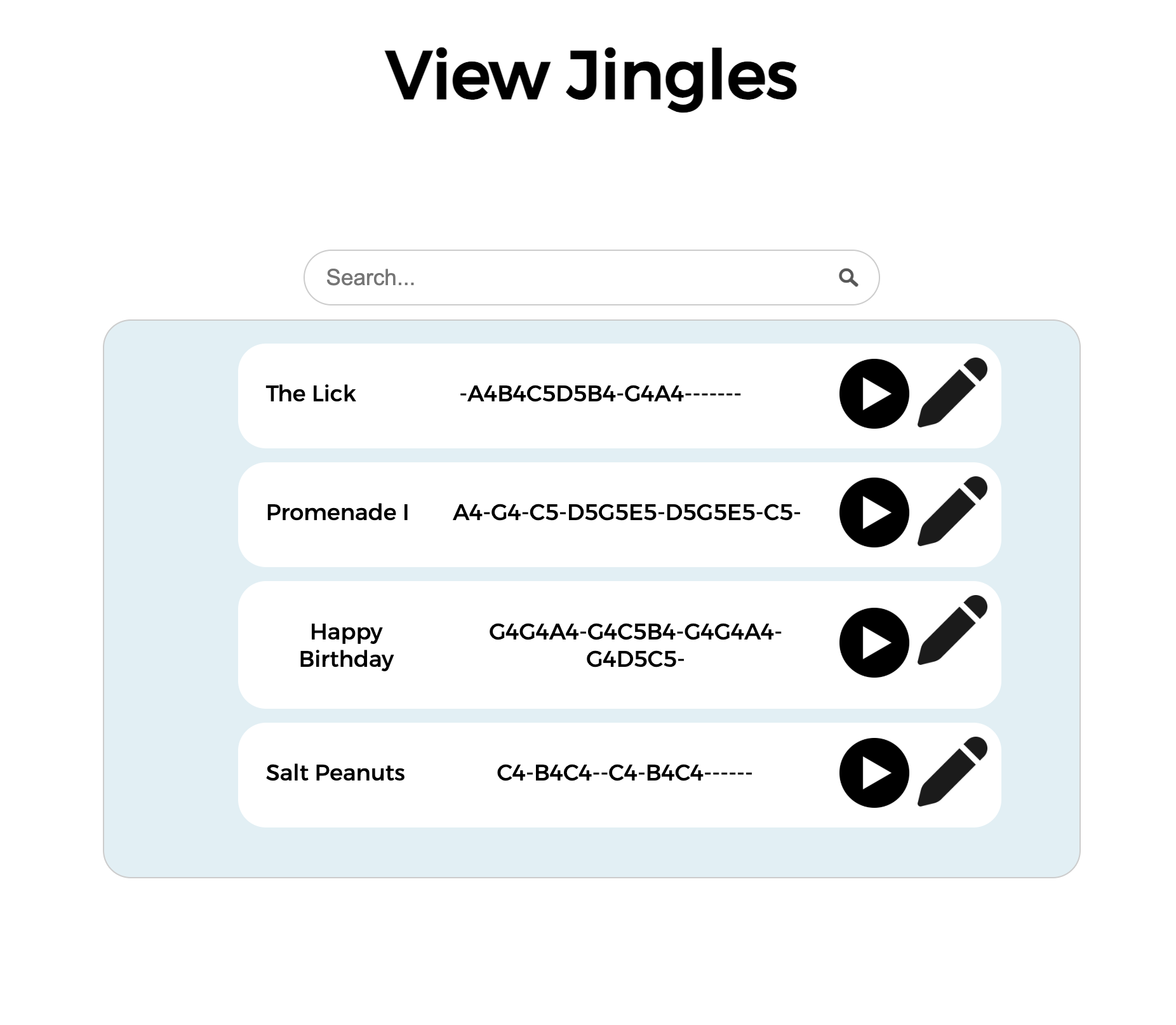 Screenshot of jingle view and search screen